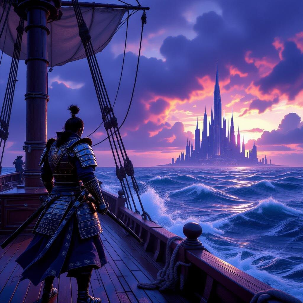 Samurai on Ship Facing Futuristic City in Storm