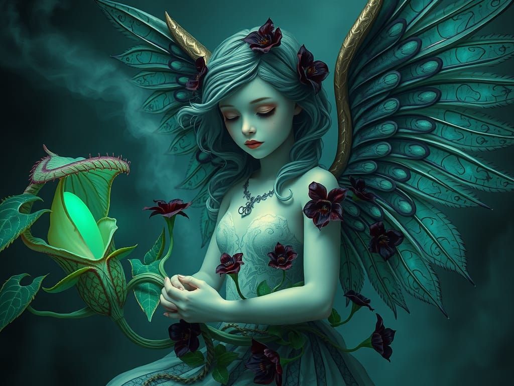 Gothic Angel in Bioluminescent Venus Flytrap, Eerie Emerald ...