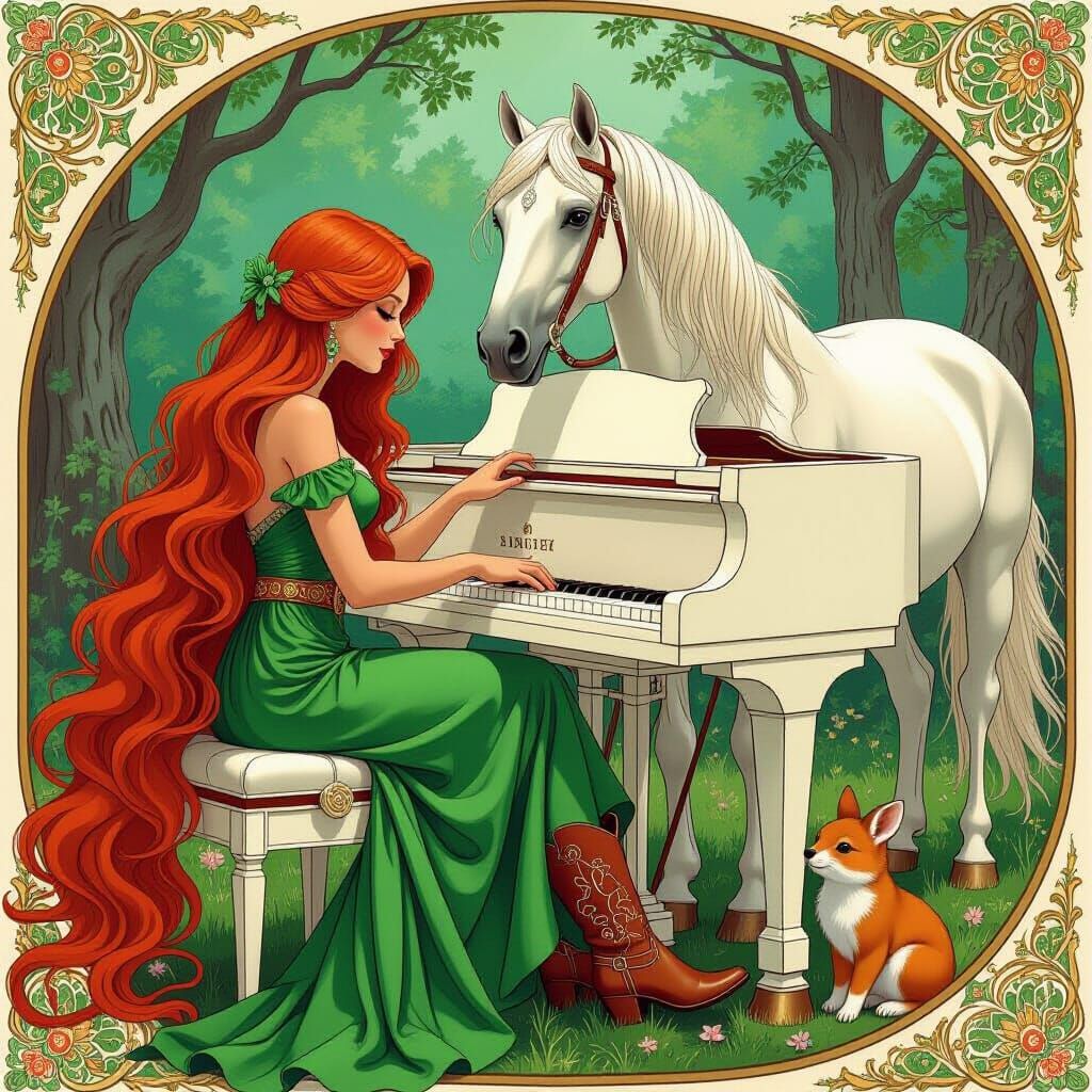Girl with Red Hair Playing Piano, Art Nouveau Style