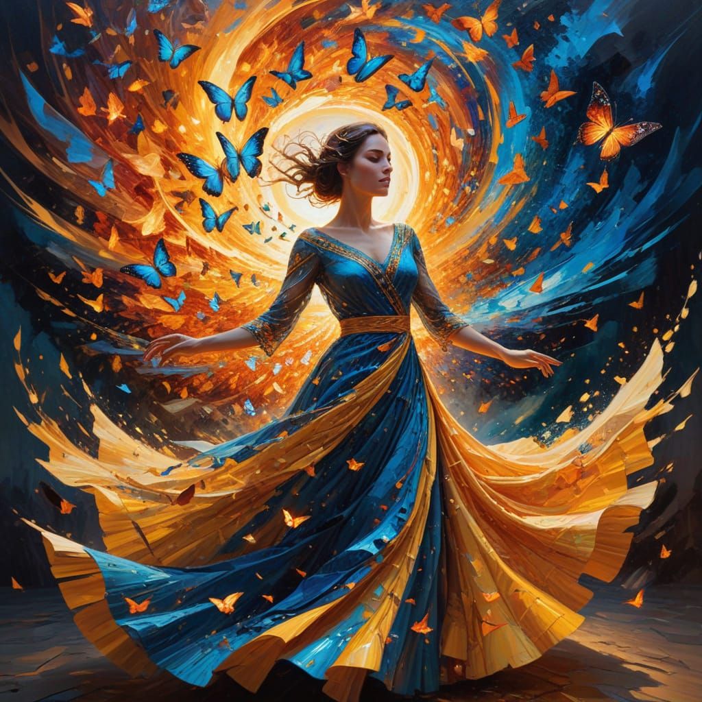 Ukrainian Woman's Gown Fractures into Butterflies of Light