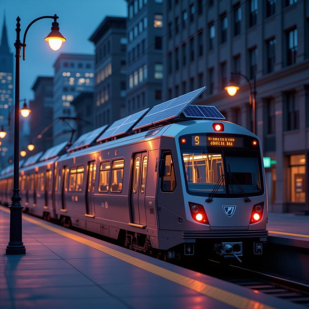 Futuristic Subway Train on City Street with Solar Panels