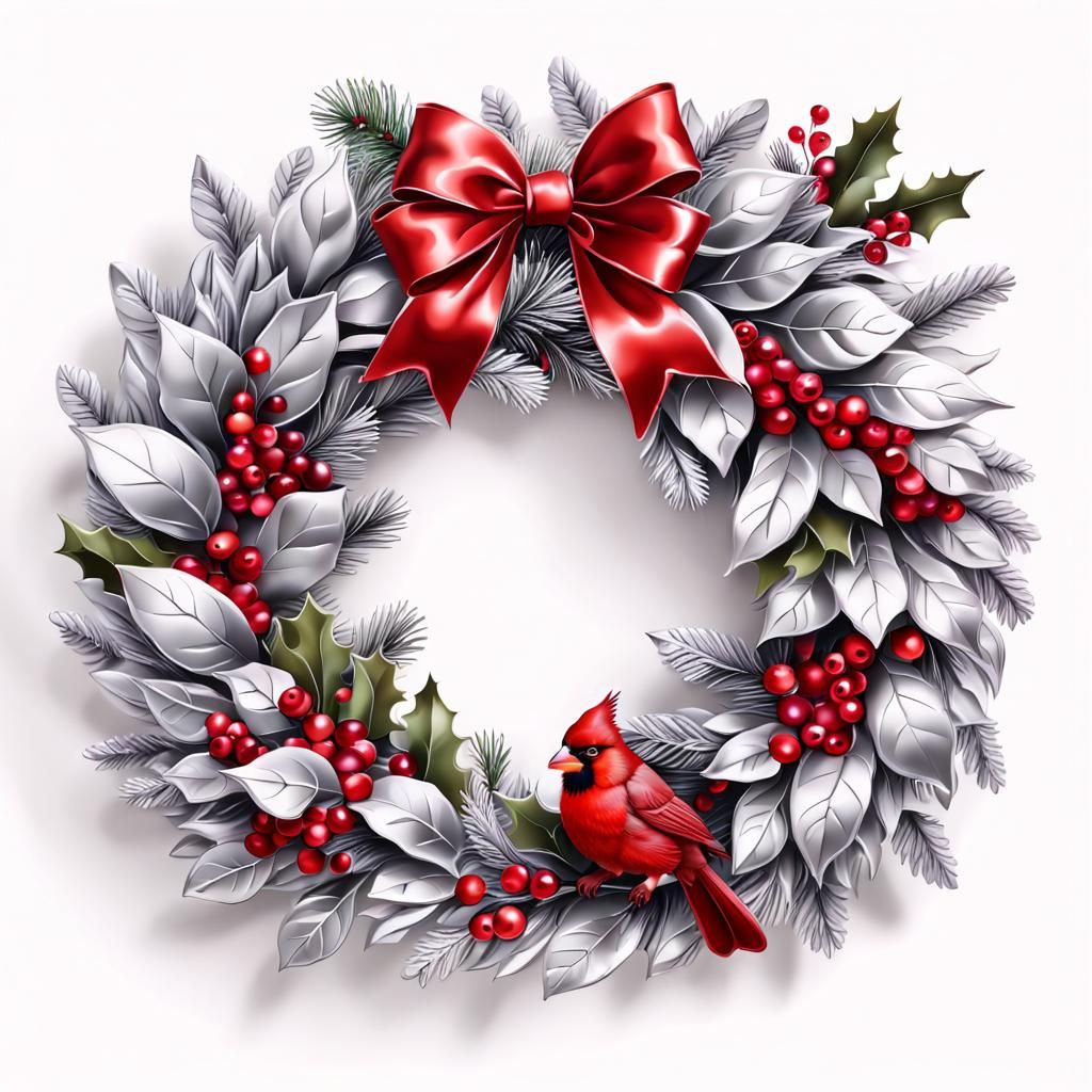Silver Christmas Wreath with Cardinal and Red Bow