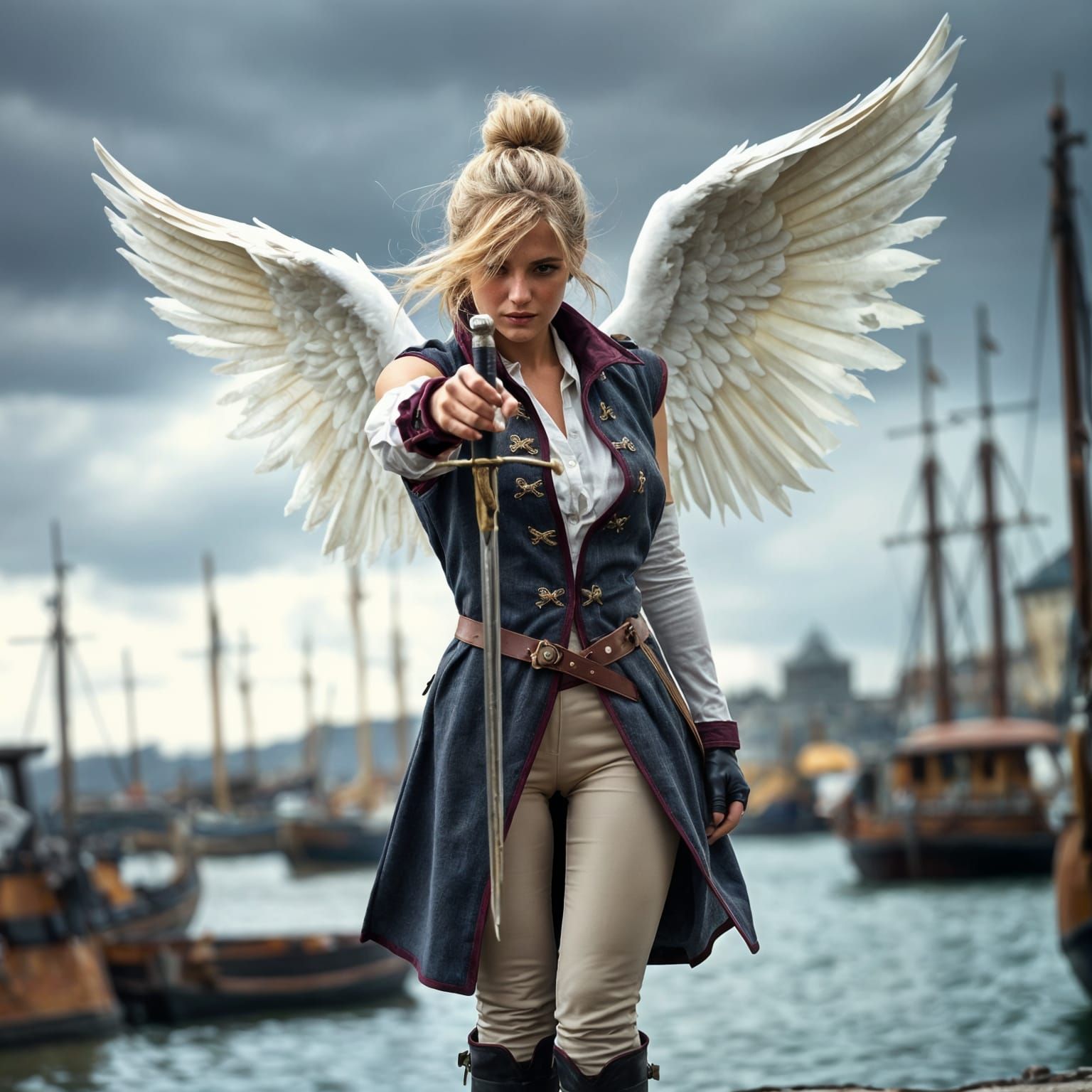 Fantasy Woman with Wings in Harbor, Digital Art