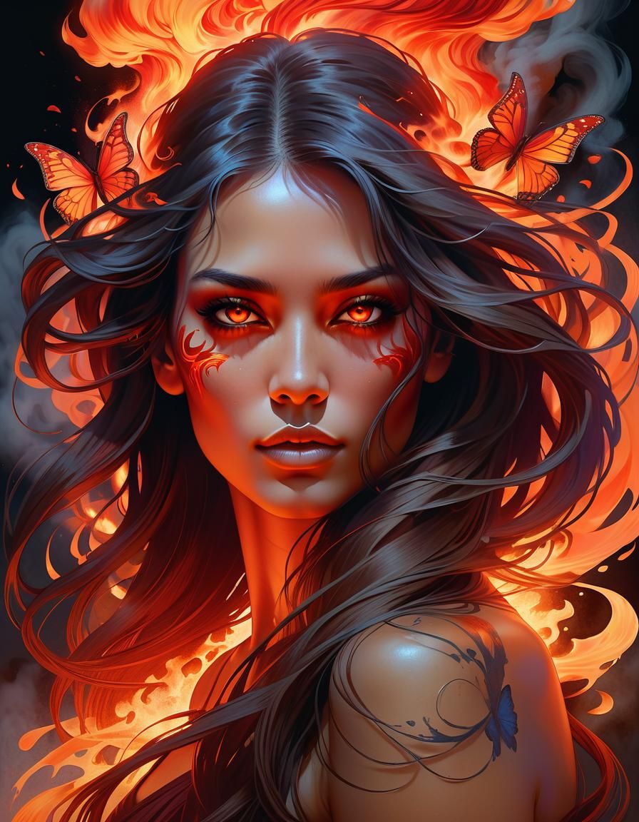 Fiery Portrait of a Girl in Fantasy Art Style