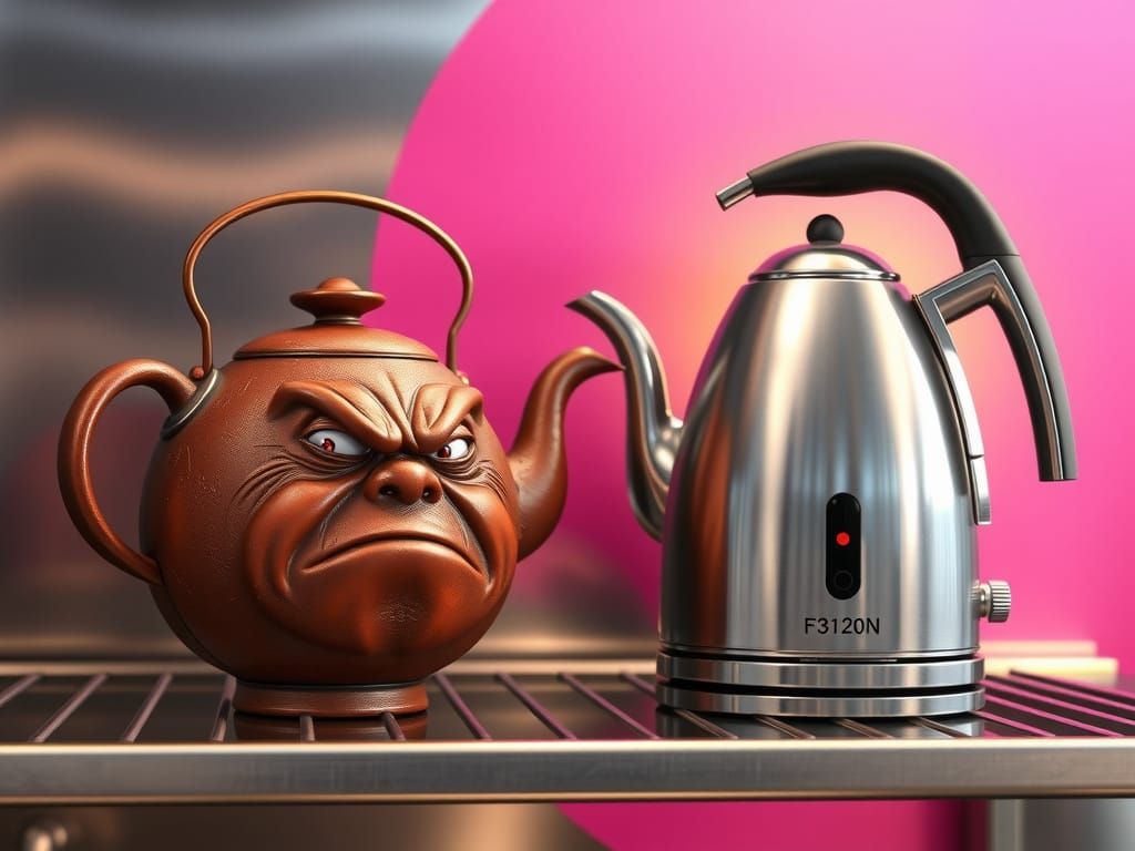 Old Teapot Glaring at Laughing Kettle in Industrial Kitchen