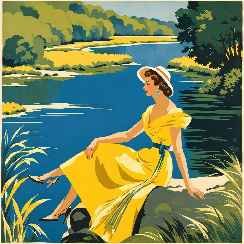Woman at Riverbank in Dorothy Draper Style