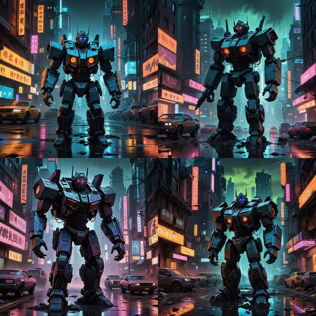 Cyberpunk Transformer in Ruined Cityscape