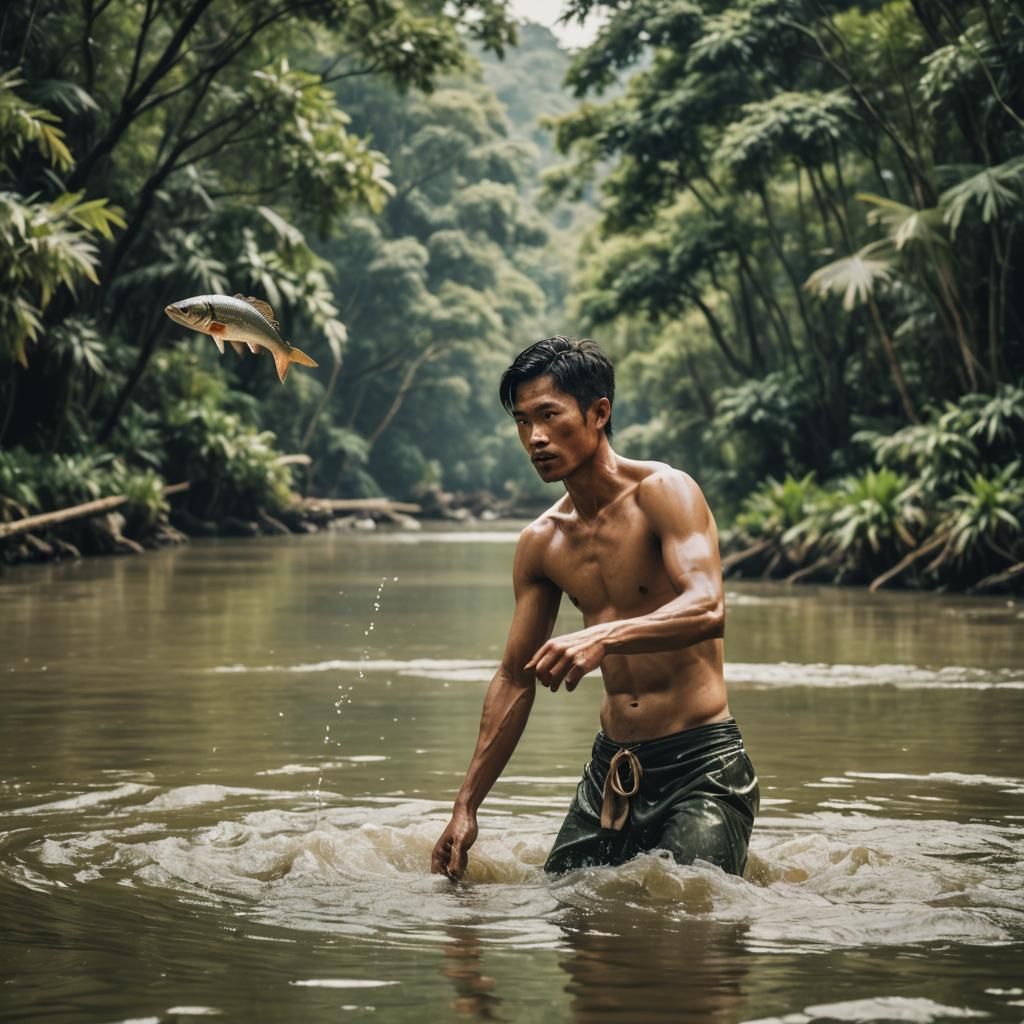 Cinematic Vietnamese Fisherman Raising a Fish