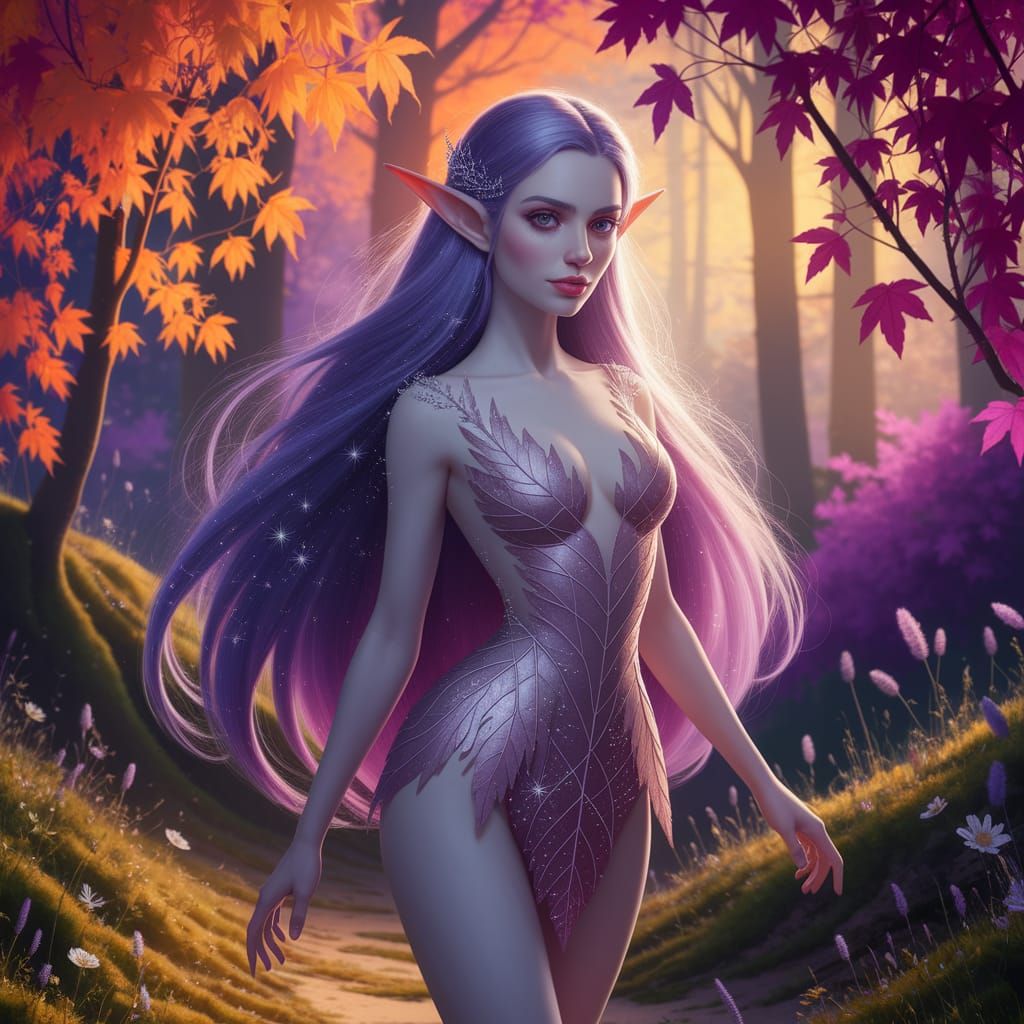 Whimsical Forest Elf in Vibrant Orange and Purple