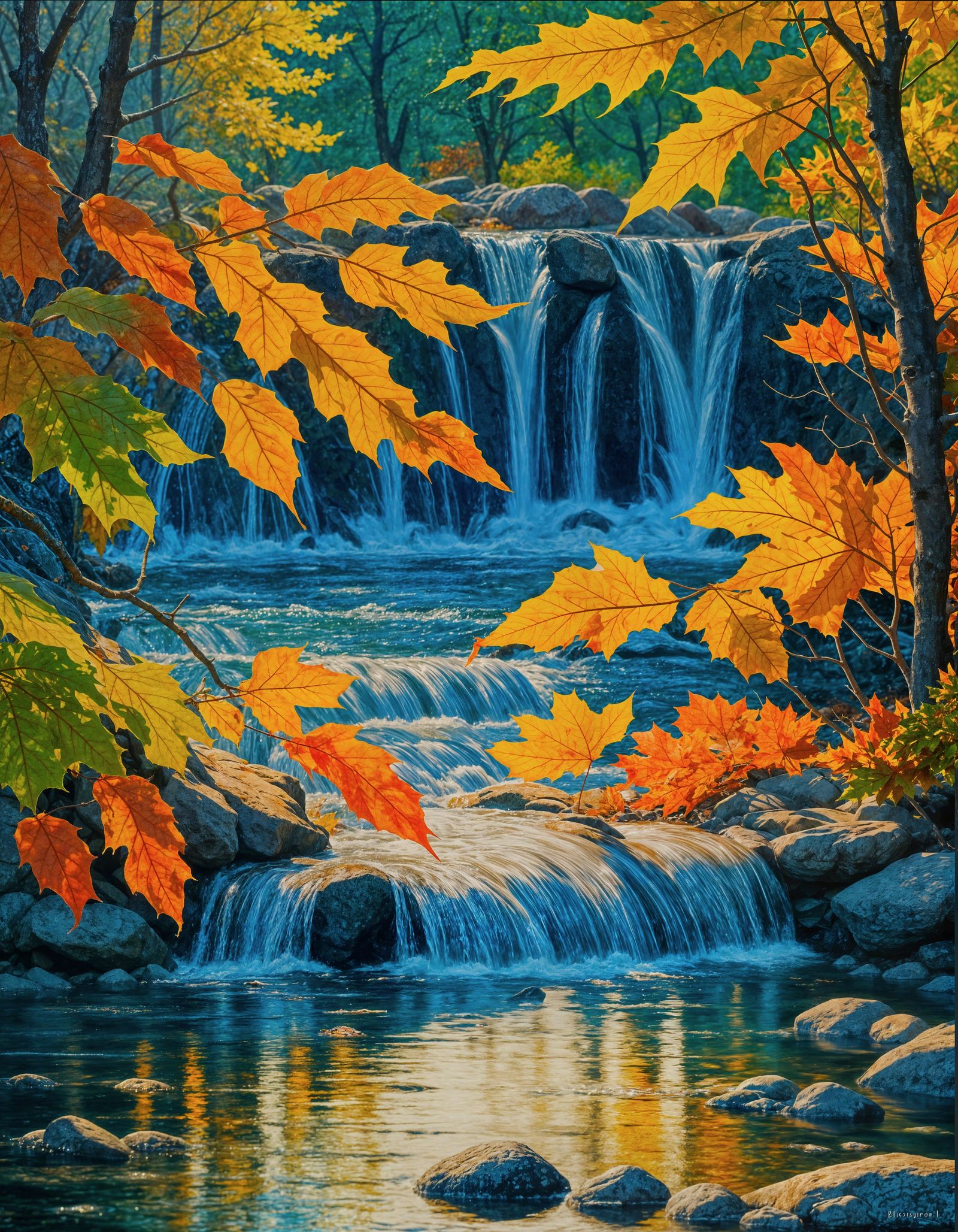 Autumn River Reflections with Energetic Waterfalls