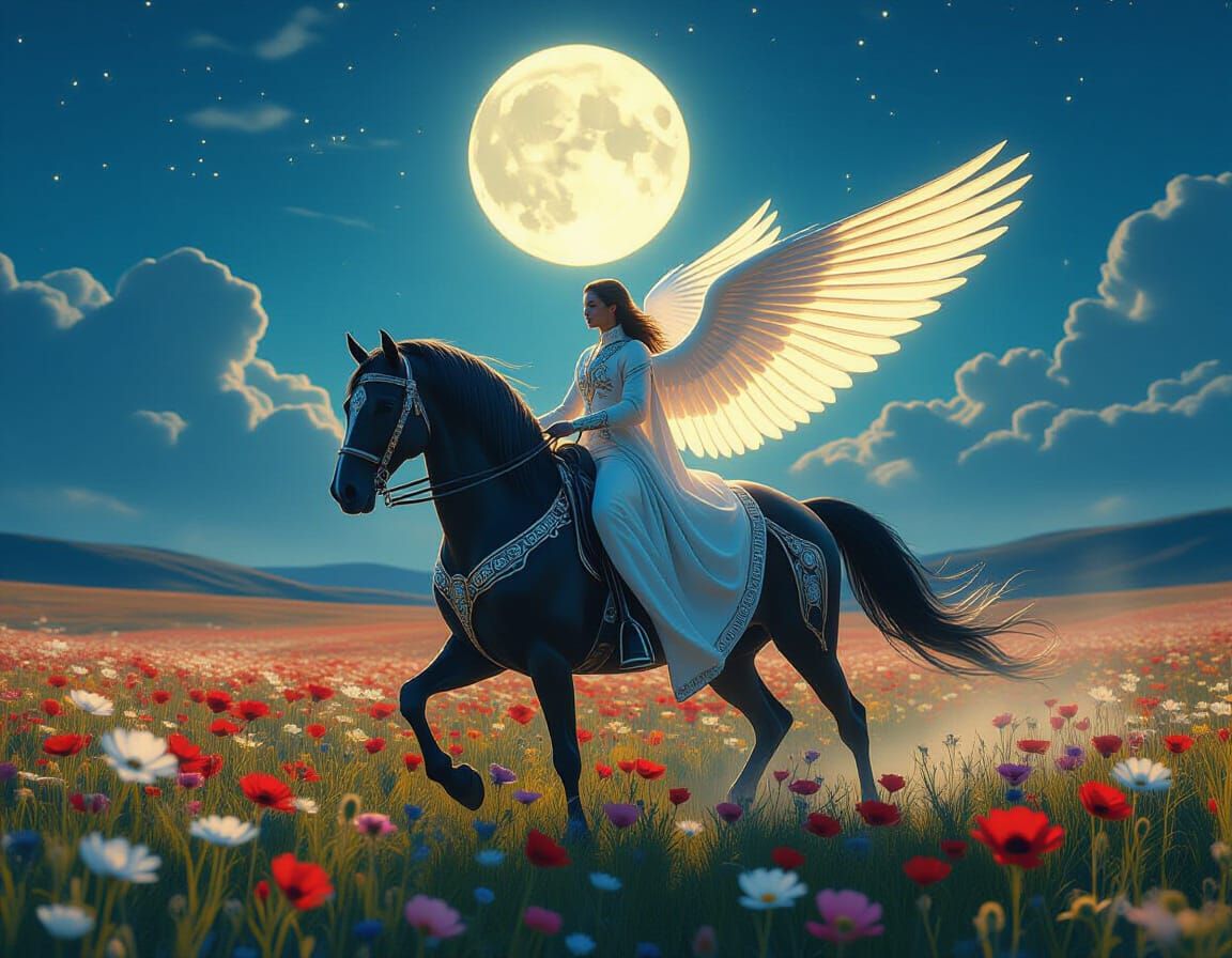 Elf on Winged Horse Through Otherworldly Plains