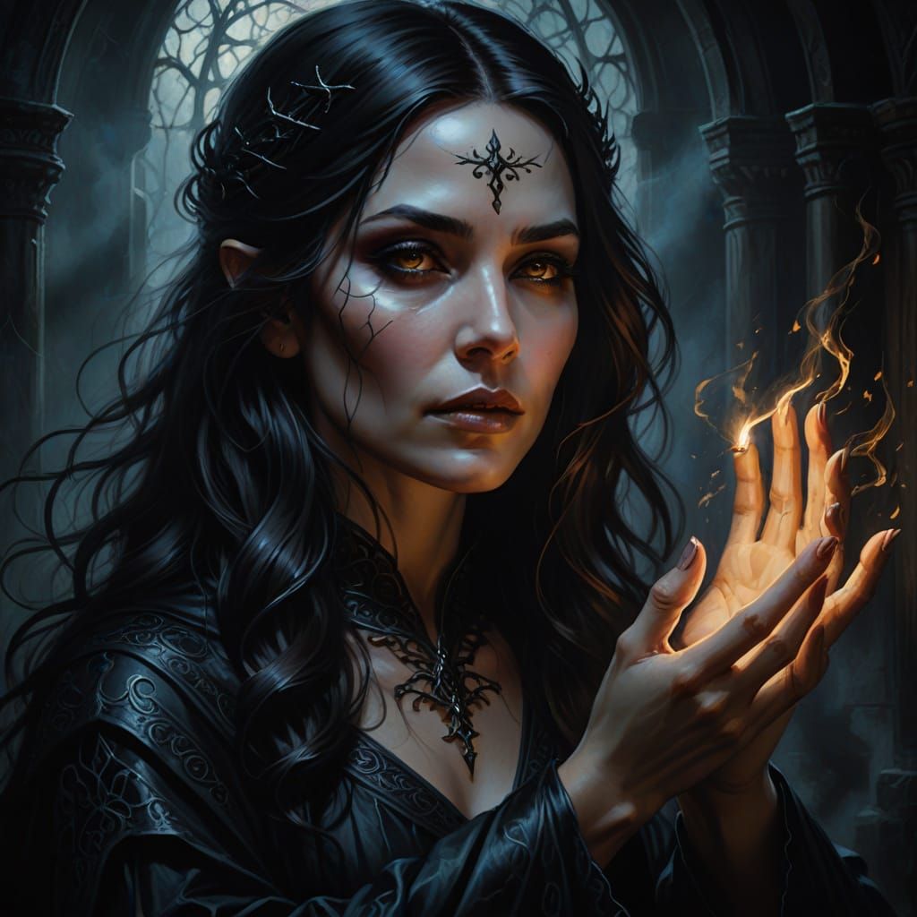 Dark Enchantress Casting Spell in Gothic Oil Painting Style