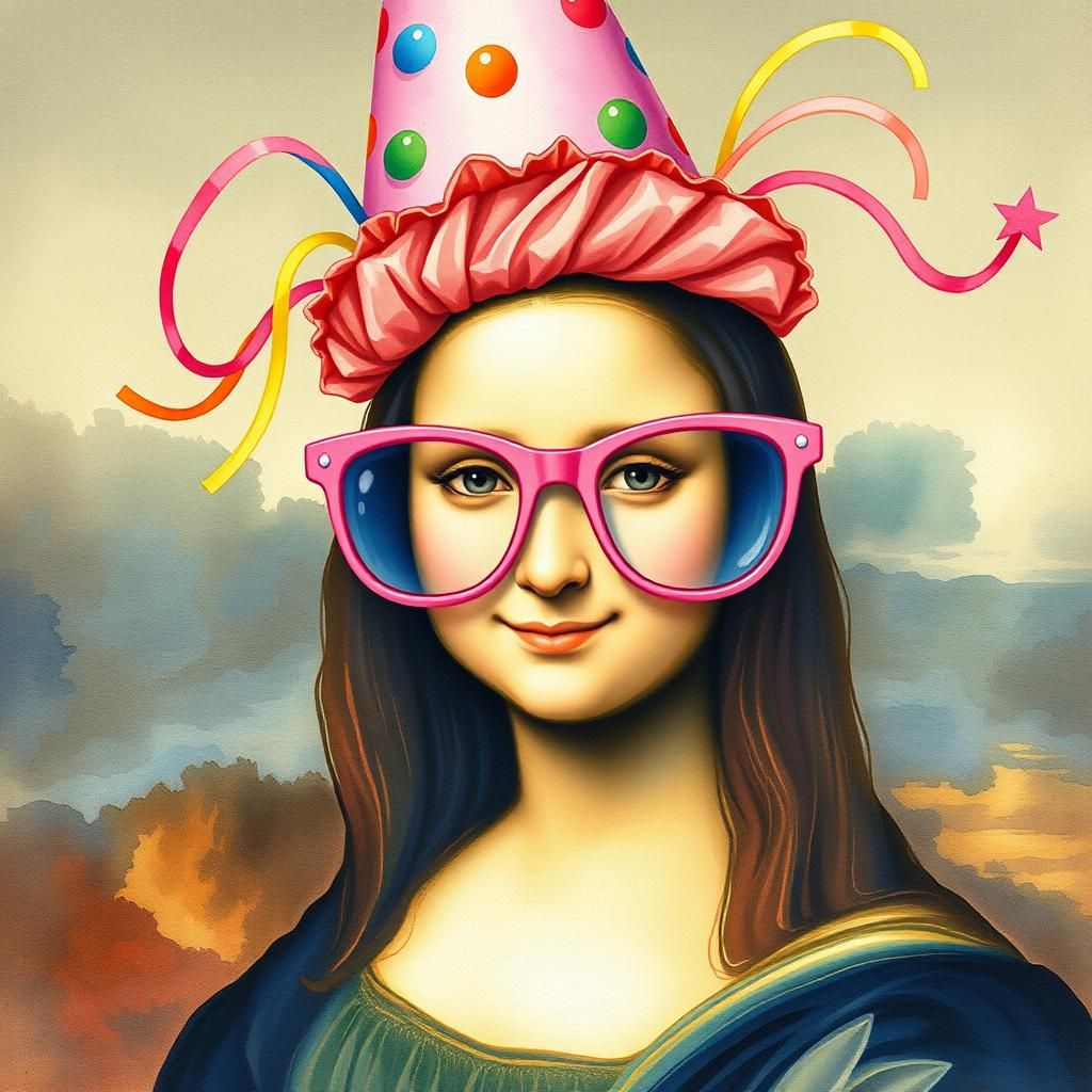 Mona Lisa with Party Hat in Watercolor Style
