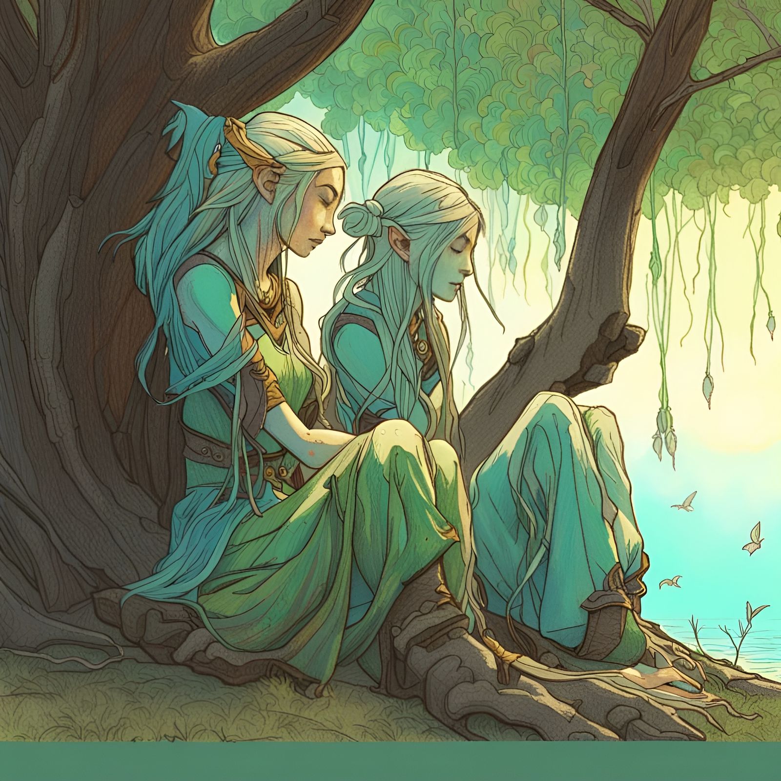 Fantasy Elves Under Willow Tree in Crayon Style