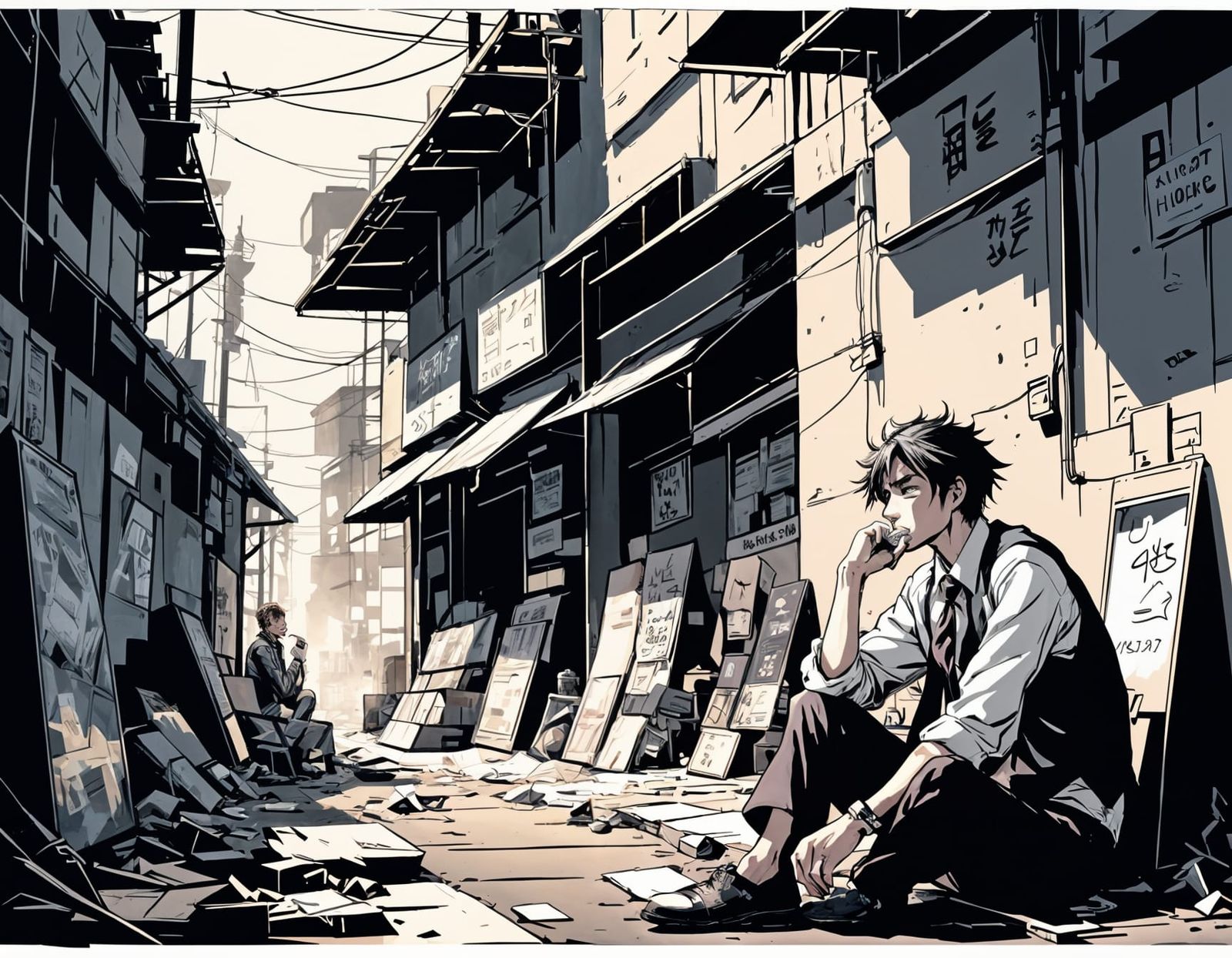 Man in Futuristic Slum Smokes by Store Wall