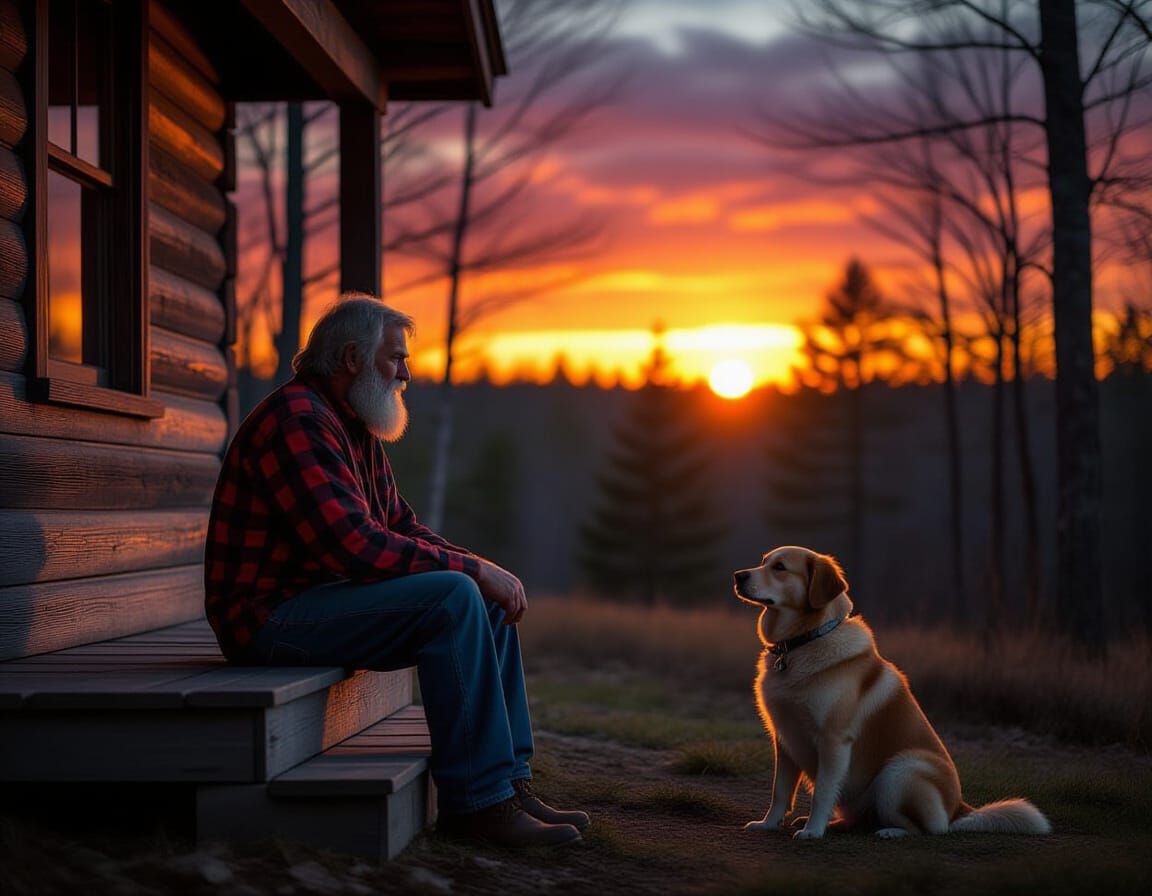 Old Man and Hound Watch Sunset Over Forest Cabin