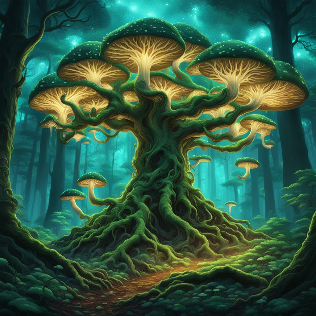Mystical Forest Grove with Glowing Mushrooms