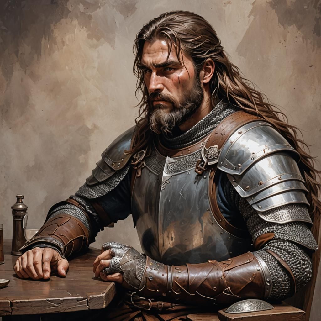 Scarred Paladin in Armor Seated at Table