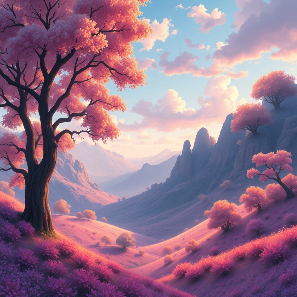 Dreamy Valley Landscape in Pastel Colors