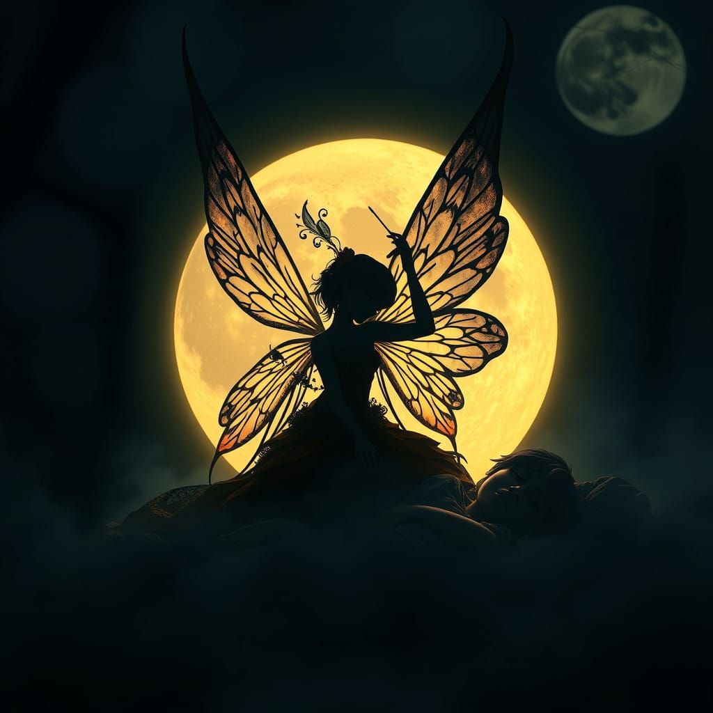 Mystical Fairy Awakens Sleeping Boy in Moonlit Night Scene