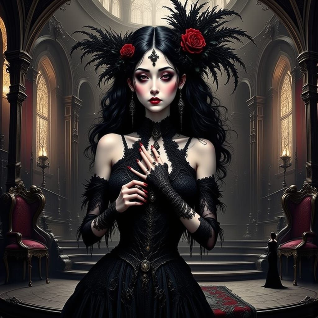 Gothic Beauty in Mansion, Black and White Portrait