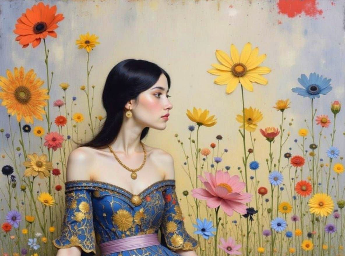 Woman with Floral Background in Klimt Style