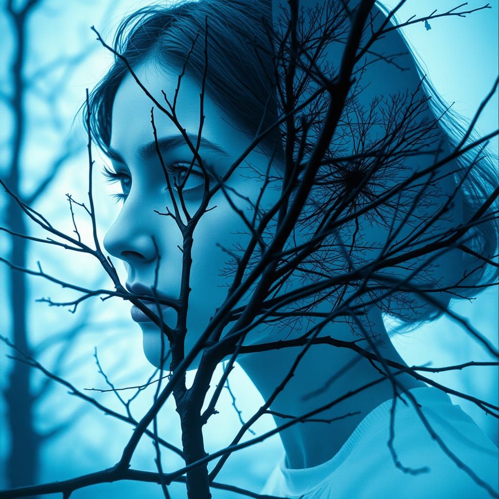 Double Exposure Portrait: Winter Tree and Woman's Face