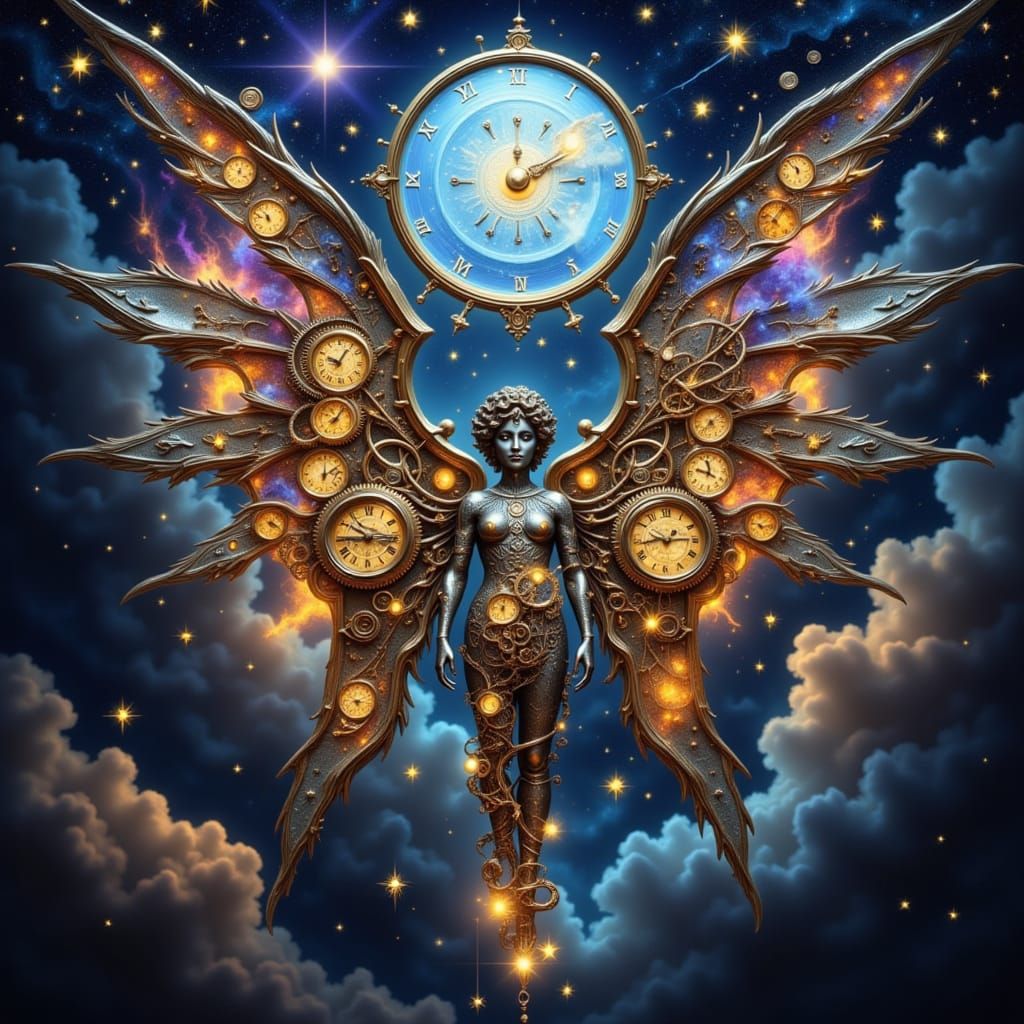 Celestial Clockwork Angel Descending From Nebula