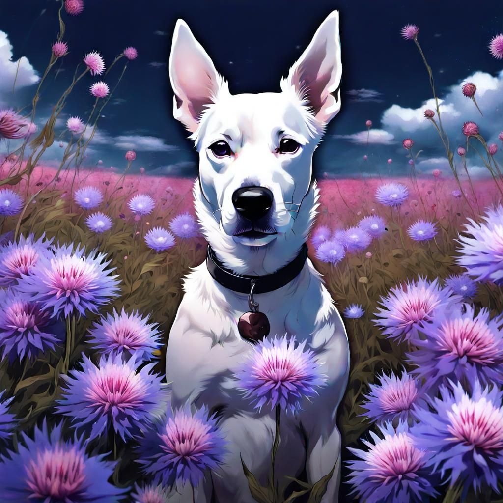 Surreal Anime-Inspired Scene of a Female Dog Among Vibrant F...