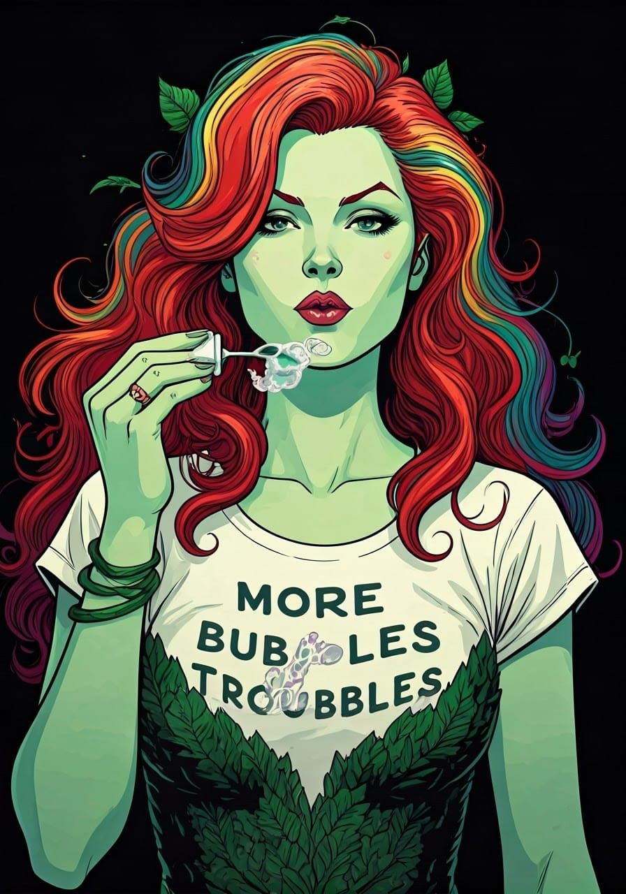 Poison Ivy Blowing Bubbles in Graphic Novel Style