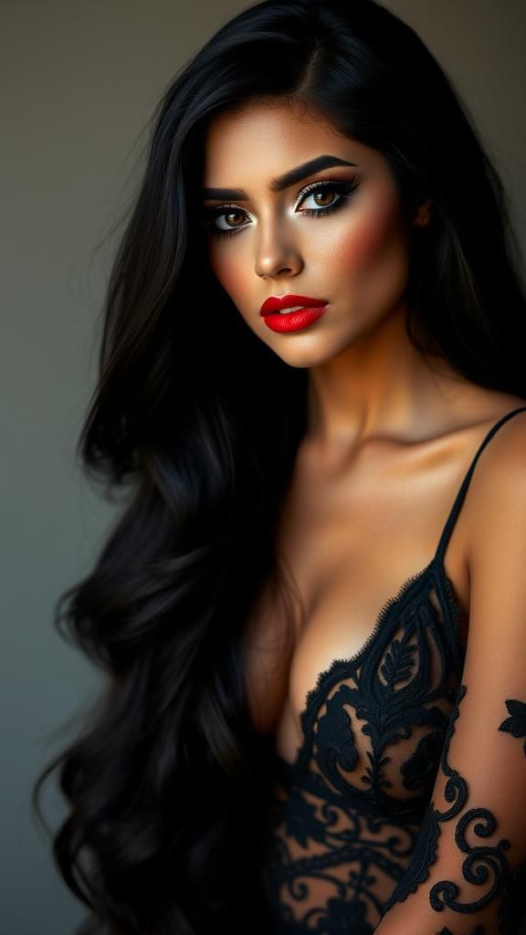 Striking Woman with Long Black Hair and Red Lips