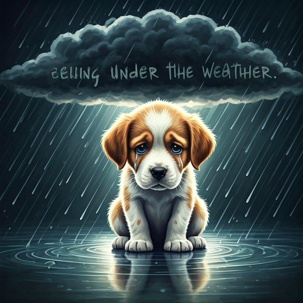 Sad Puppy in Rain: Watercolor Photorealism