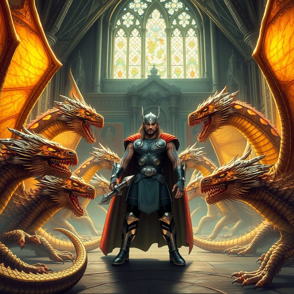 Thor and Dragons in Castle Court, Comic Book Art