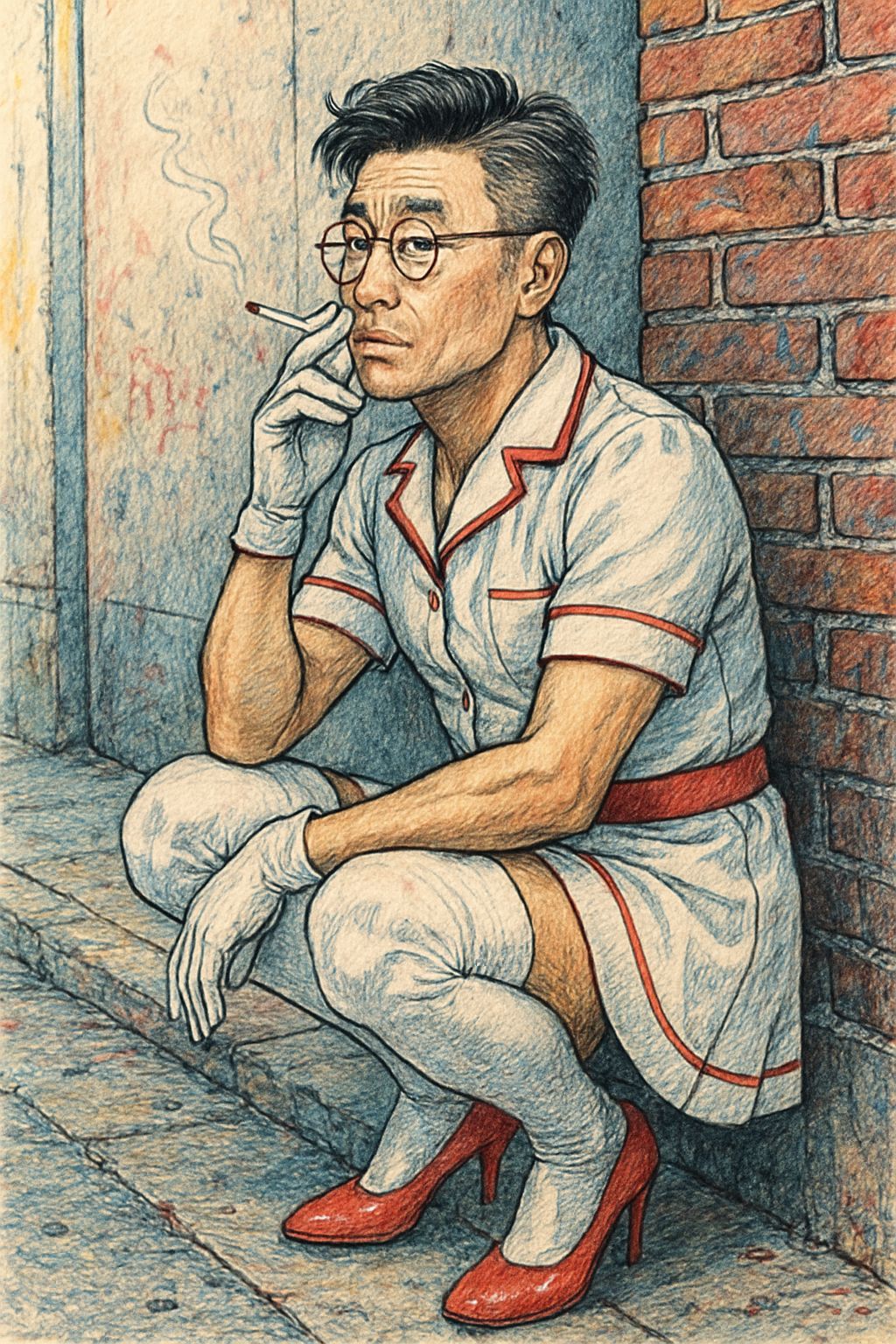 Retro Korean Nurse in Pen and Ink Style