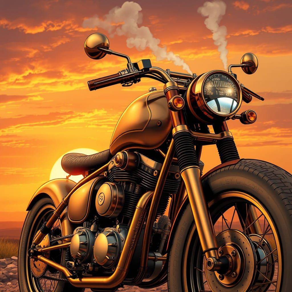 Retro-Futuristic Steam Motorcycle in Golden Metallic Hues