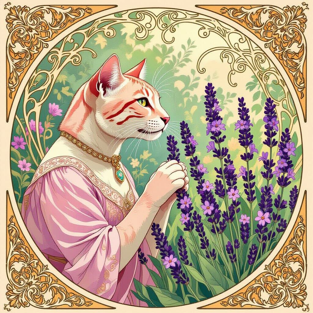 Pink Jaguar Cat Smelling Lavender in Art Nouveau Style