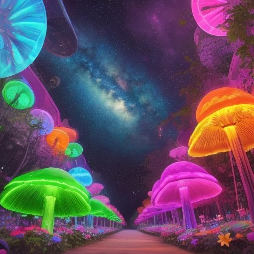 Psychedelic Neon Mushrooms in Cosmic Night Light