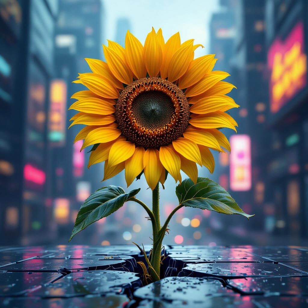 Hyperrealistic Sunflower Sprouts in Futuristic Cityscape