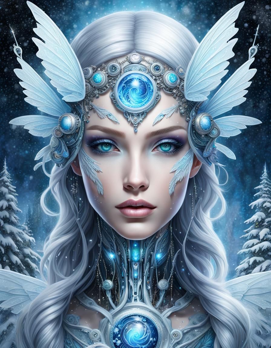 Enchanting Cyborg Snow Fairy in Winter Wonderland