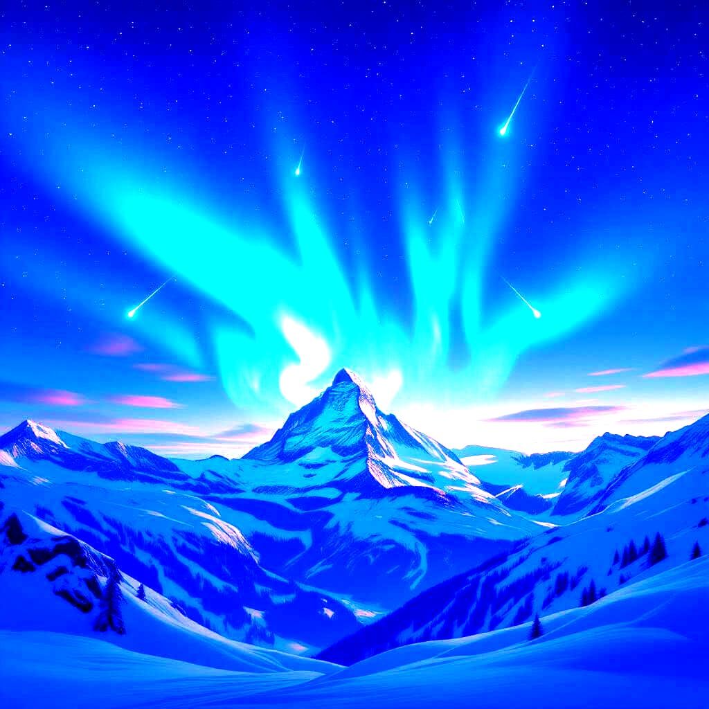 Swiss Alps Under Aurora Borealis with Shooting Stars