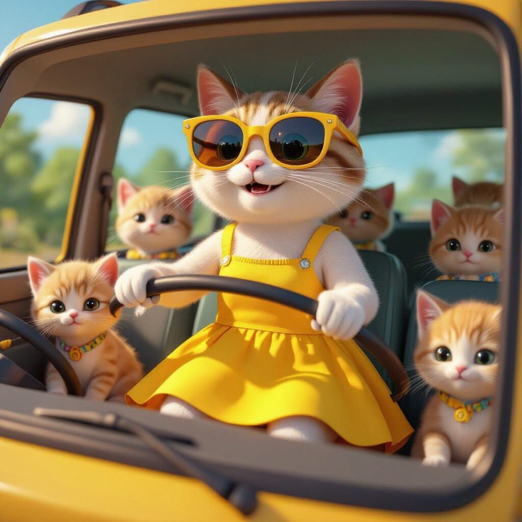 Anthropomorphic Cat Drives Kitten Kids in 3D Cartoon