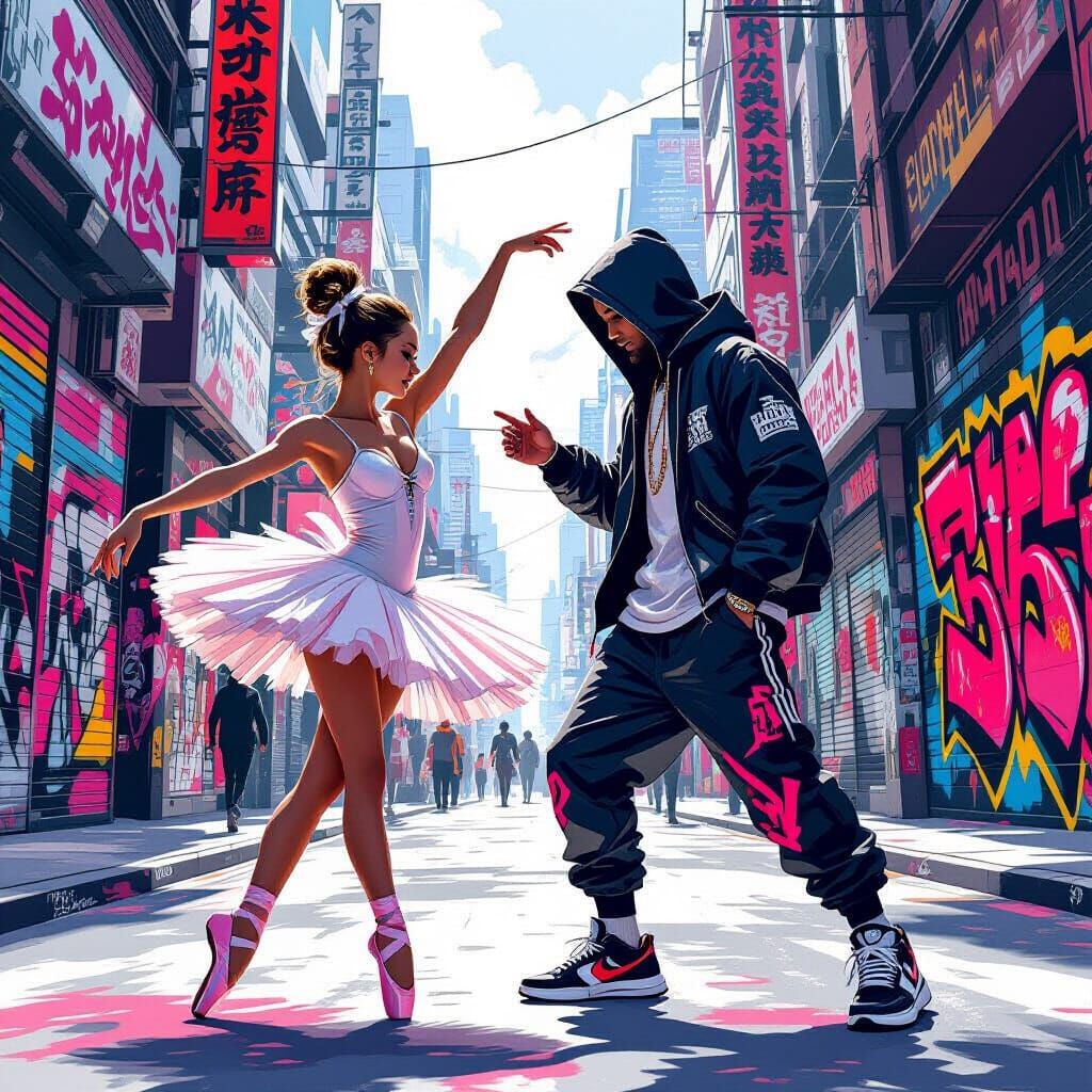 Ballerina & Hip Hop Dancer in Vibrant Graffiti Street