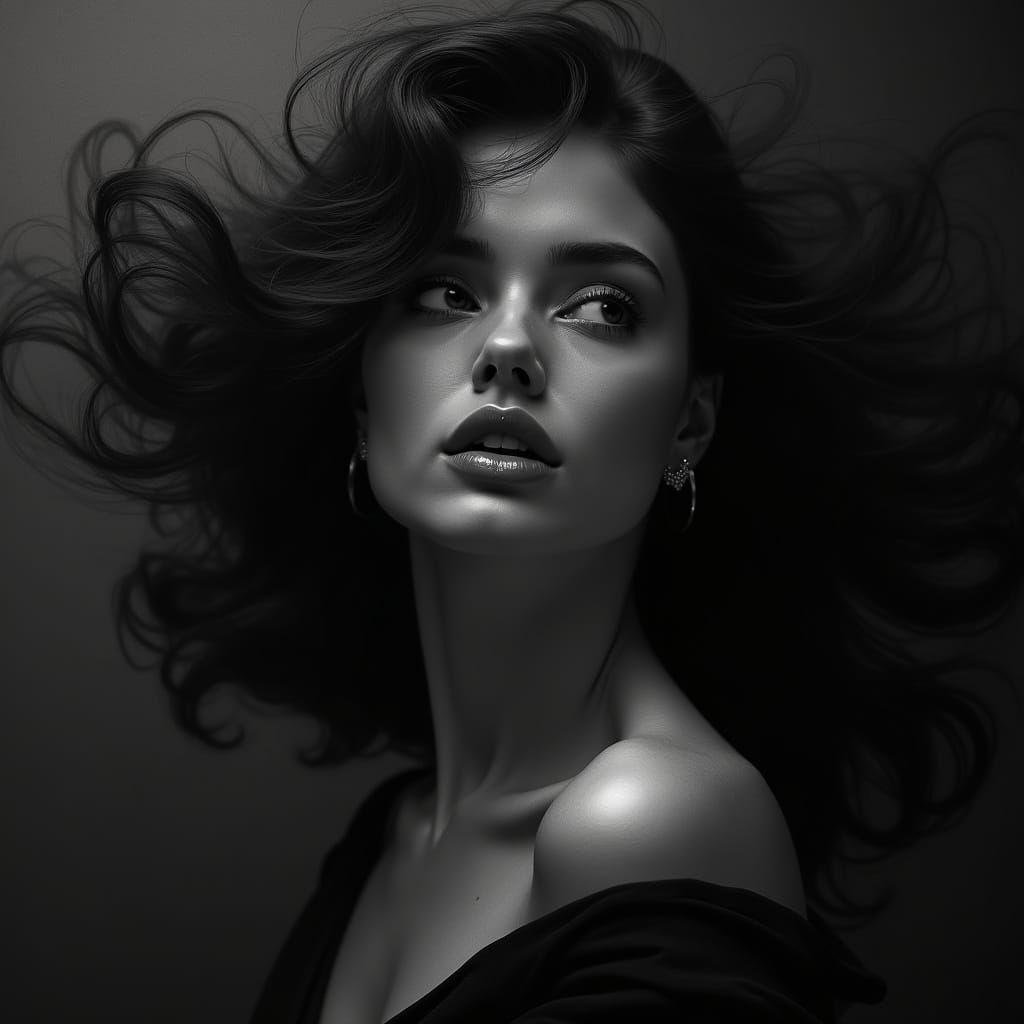 Elegant Film Noir Portrait of a Woman with Flowing Hair