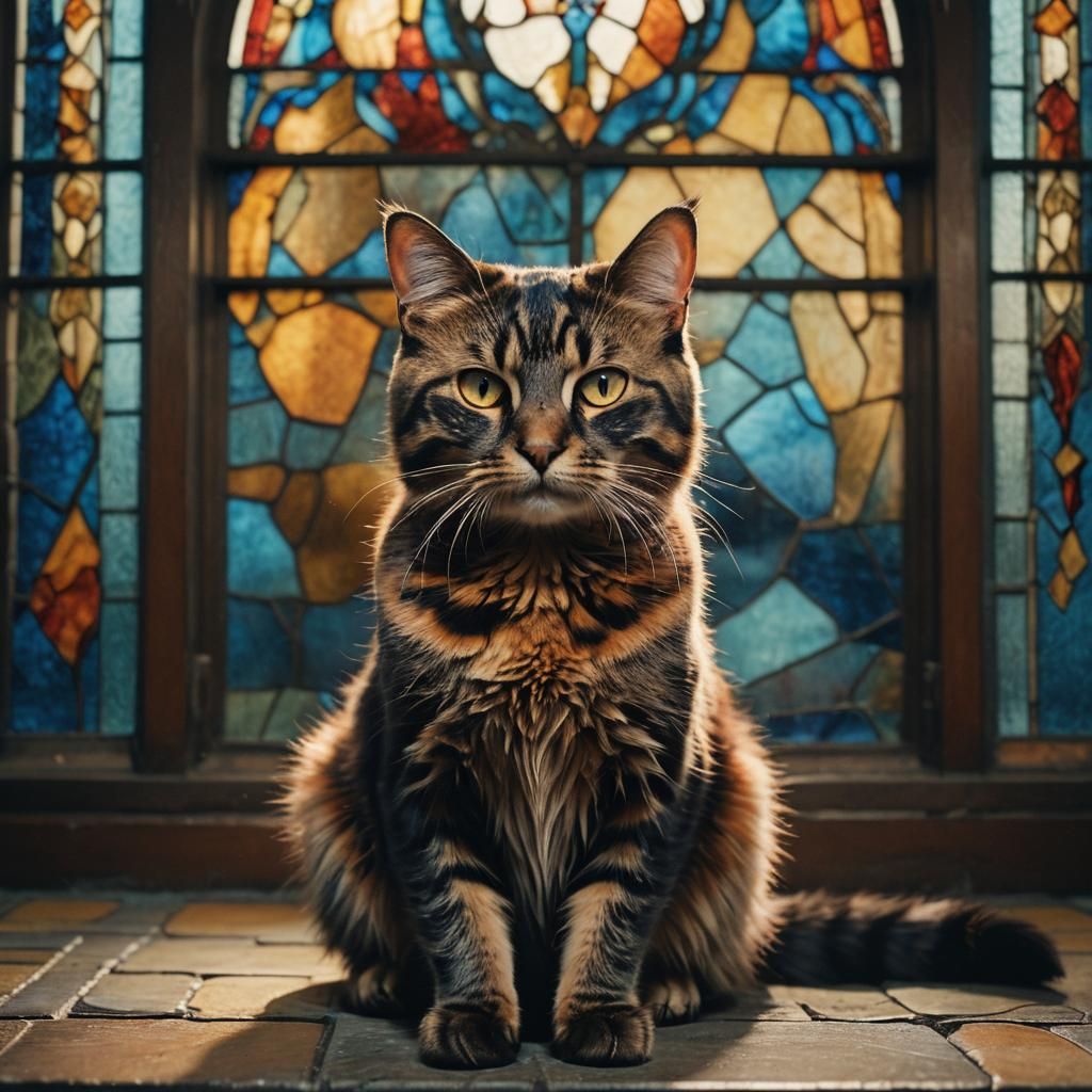 Tortoiseshell Cat in Stained Glass Window: Vintage Film