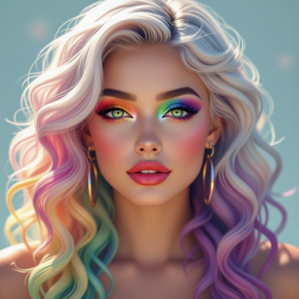 Glamorous Woman with Rainbow Hair in Digital Art Style