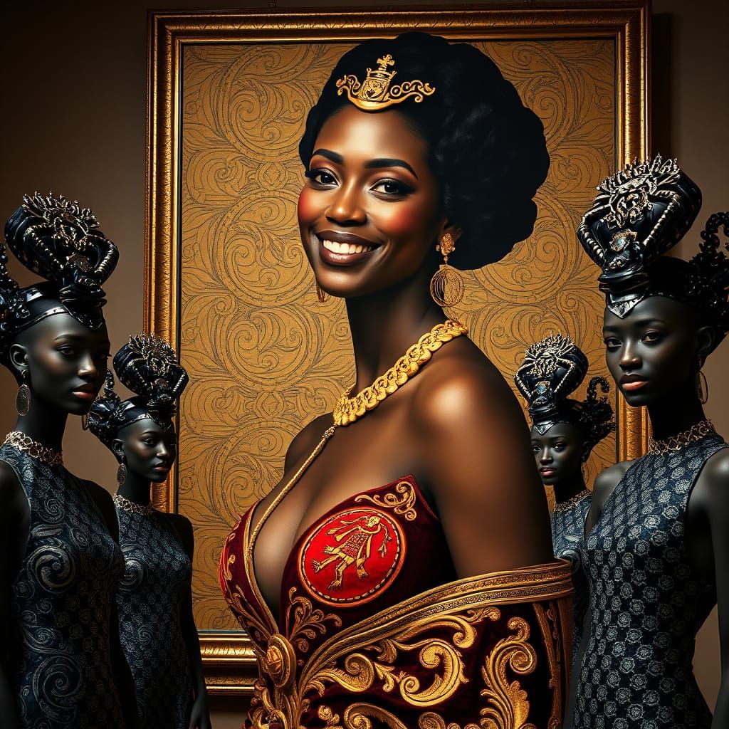 Elegant Black Woman in Lavish Dress, Art Nouveau Style