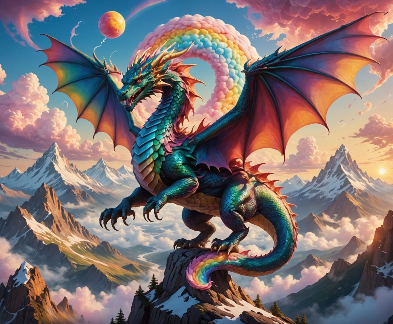 Majestic Dragon Perched on Candy Mountain Range
