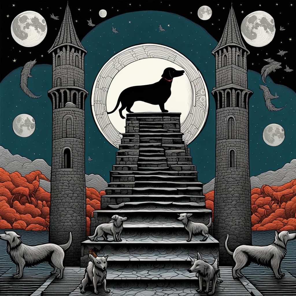 Dachshund 'The Moon' Tarot Card in Rider-Waite Style