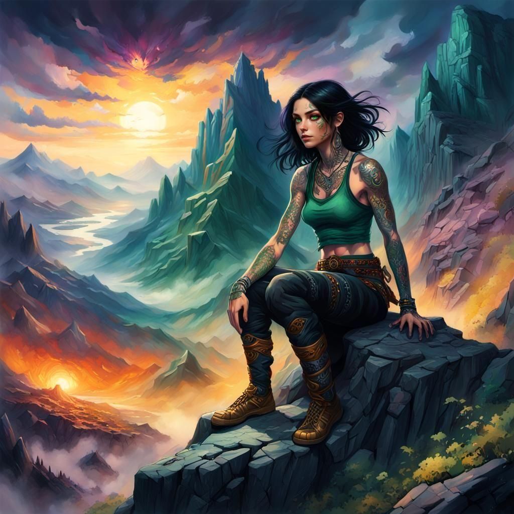 Tattooed Woman Climbing Mountain in Detailed Digital Art