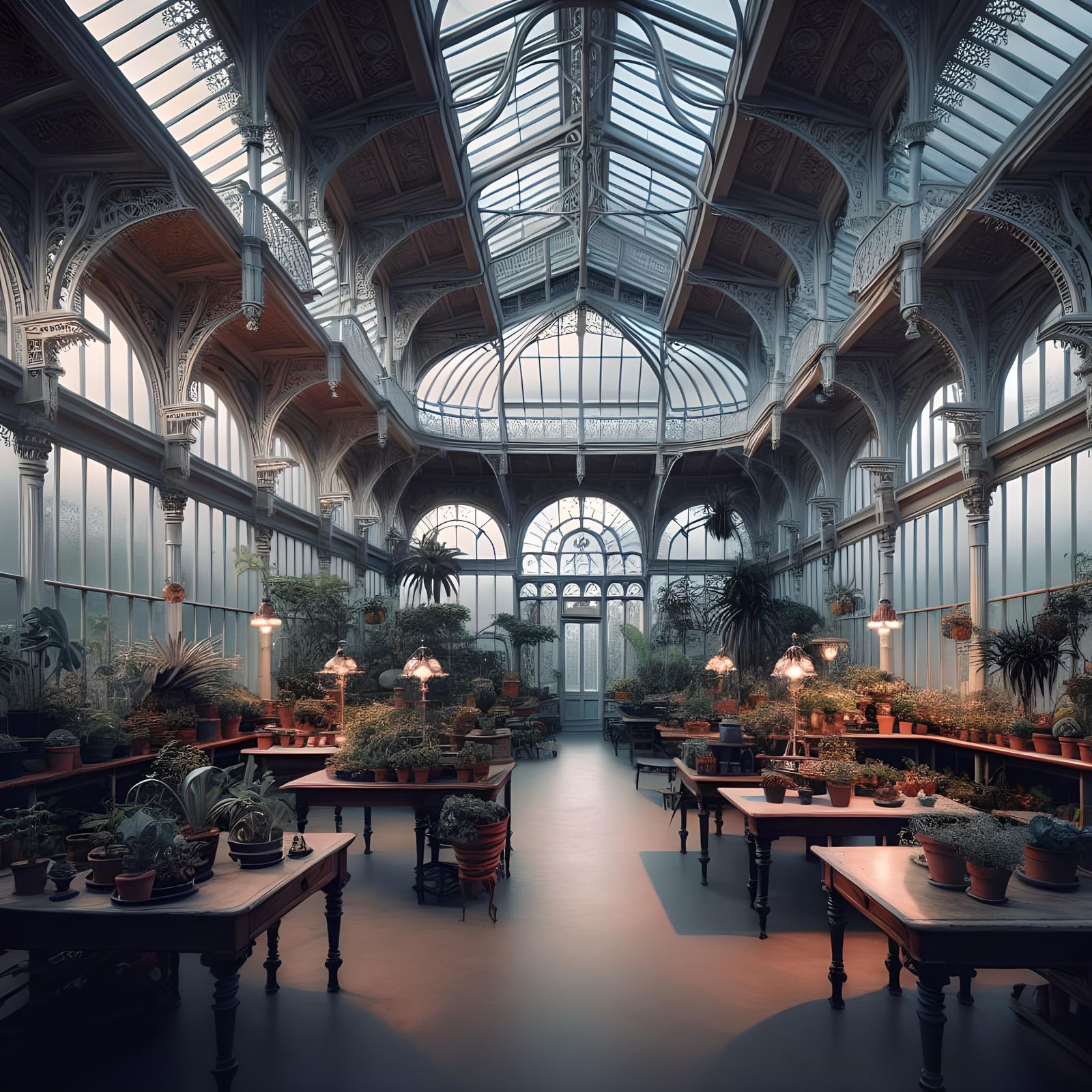 Victorian Greenhouse Interior at Dusk